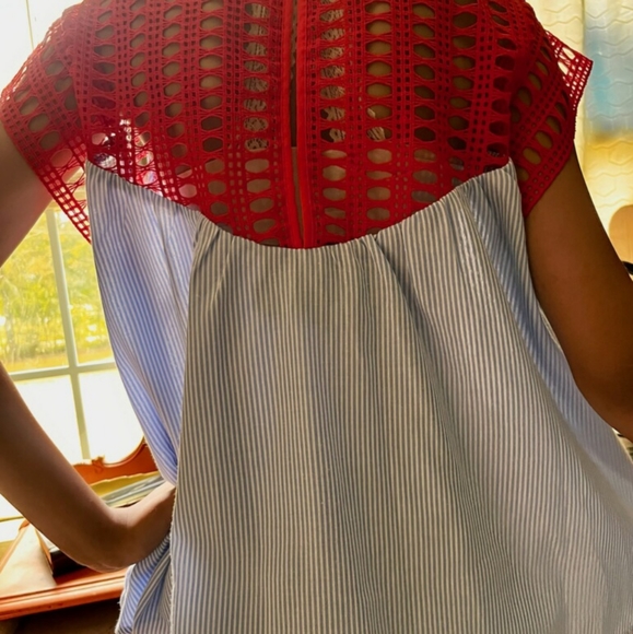 Maeve brand top size small blue white pinstripe red crochet fluff sleeve - Picture 2 of 8